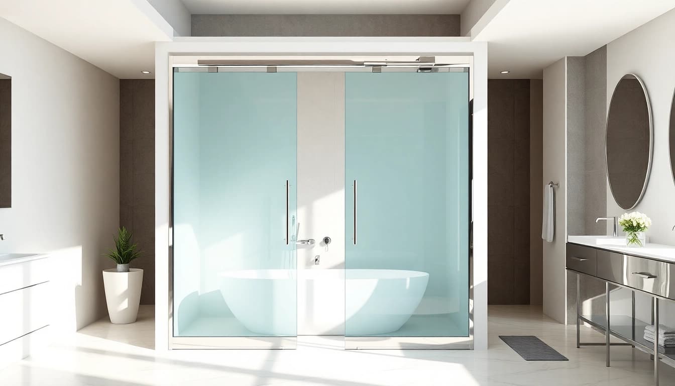 Showcase of stylish shower sliding doors with chrome finishes in a modern bathroom.