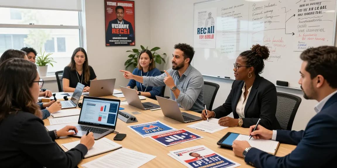 Engaged team discusses strategies with a recall campaign consultant for effective voter outreach.