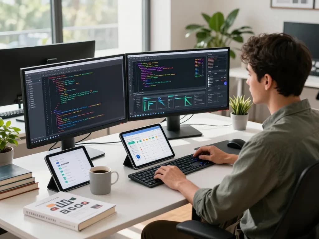 Developer immersed in coding using advanced software tools in a vibrant workspace, showcasing wps technology.