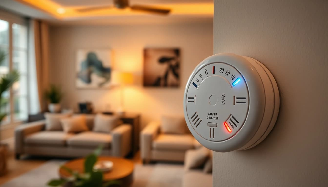 Carbon monoxide detector beeping alarm highlighting safety measures in a warm home setting.