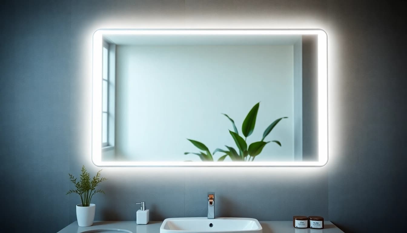 Stylish elegant led mirror enhancing a modern bathroom setting with ambient lighting.