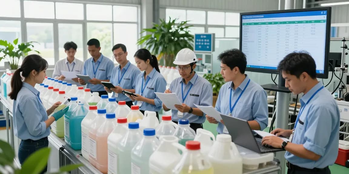 Organic chemicals exporter team collaborating on logistics and quality control in a bright industrial facility.