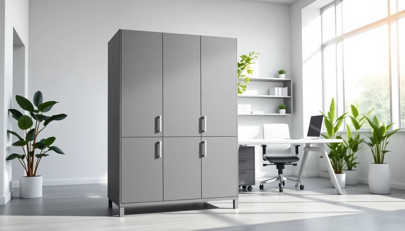 Store essential items neatly in a sleek, modern steel cabinet with stylish design features.