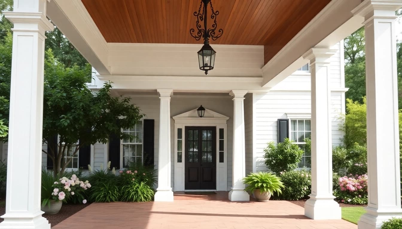Showcasing a colonial home renovation with a restored porch and lush gardens for architectural inspiration.