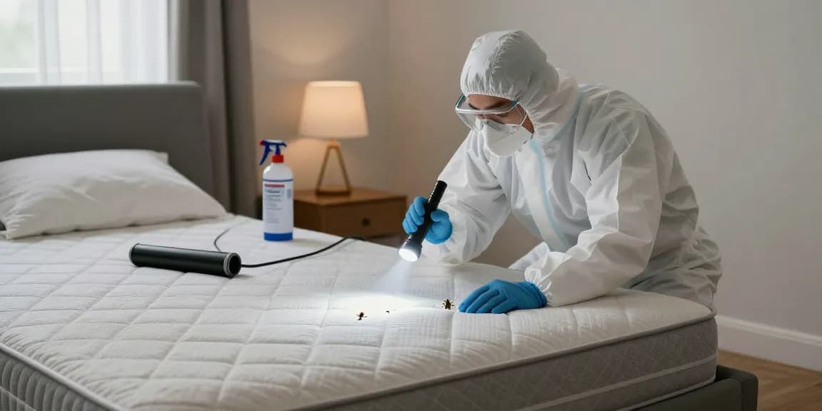 Bed bug removal process in a cozy bedroom, exterminator inspecting a mattress with tools and soft lighting.