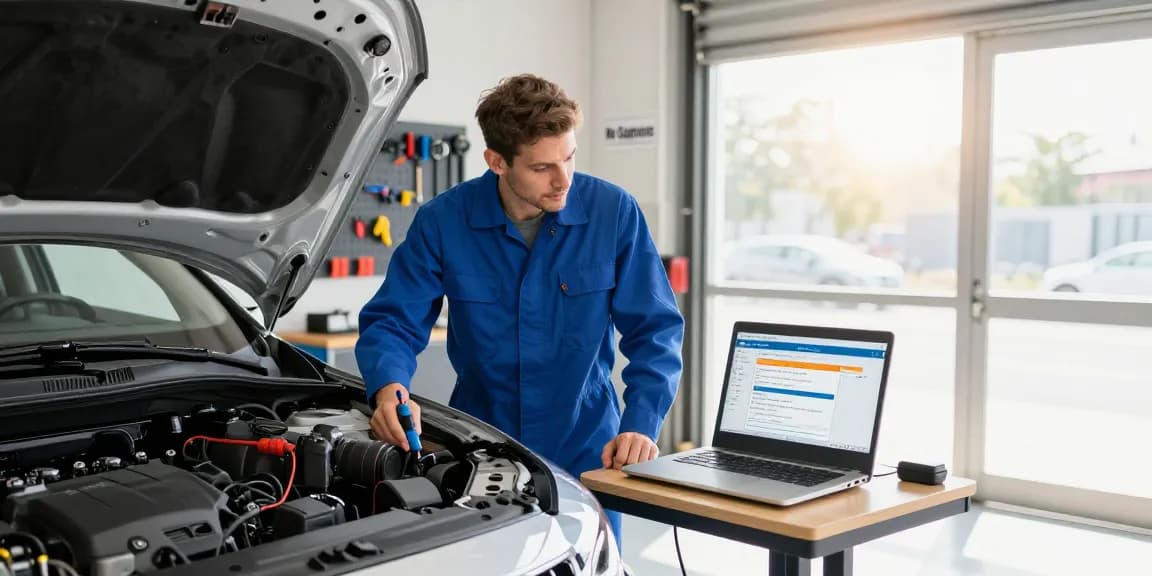 Car history check UK showing a mechanic inspecting a vehicle in a bright garage with diagnostic equipment.