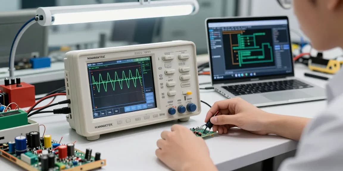 Analyzing signal waveforms with HANMATEK hand held scopes on an electronics workbench.
