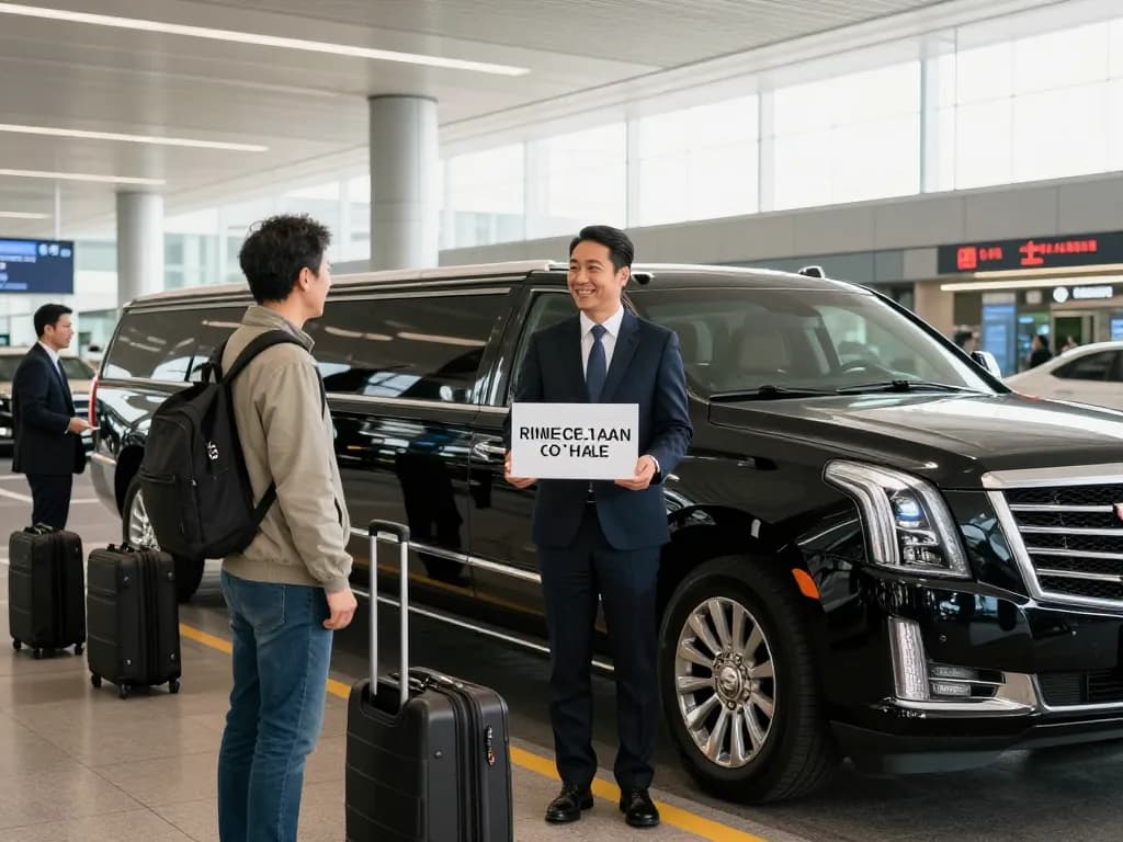 O’Hare airport limo service welcoming passengers with luxury Cadillac Escalade at airport terminal.