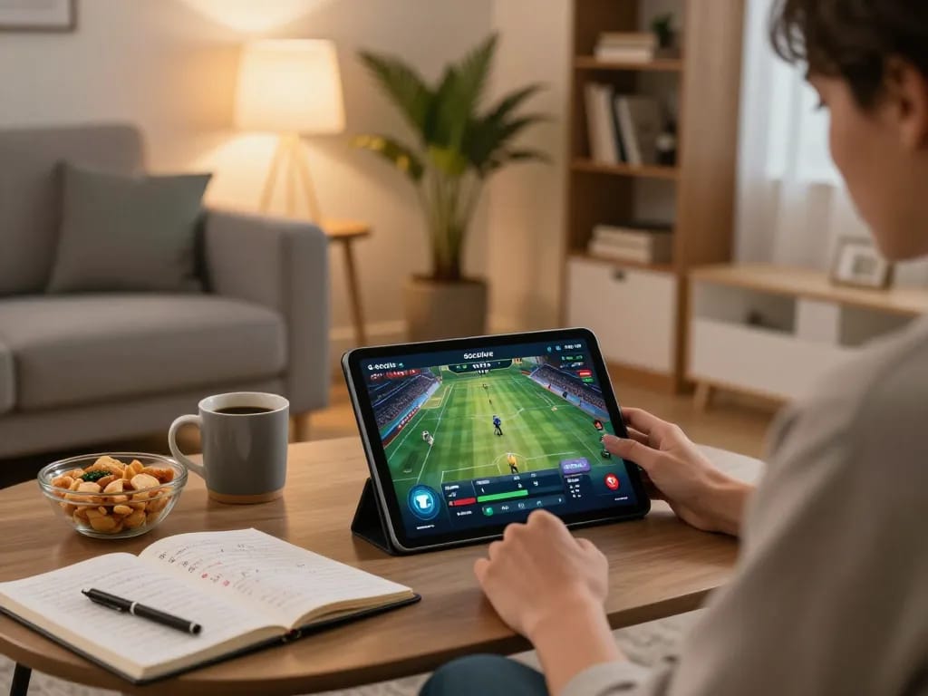 Socolive online gaming session in a cozy living room with a dynamic sports display.