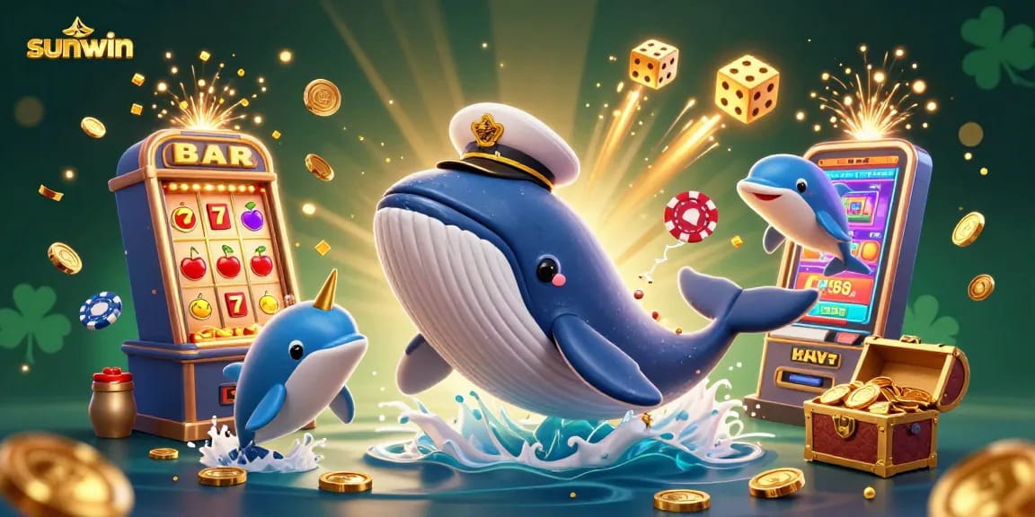 Engage with the thrilling sunwin casino experience, featuring a whale breaching through gold coins.