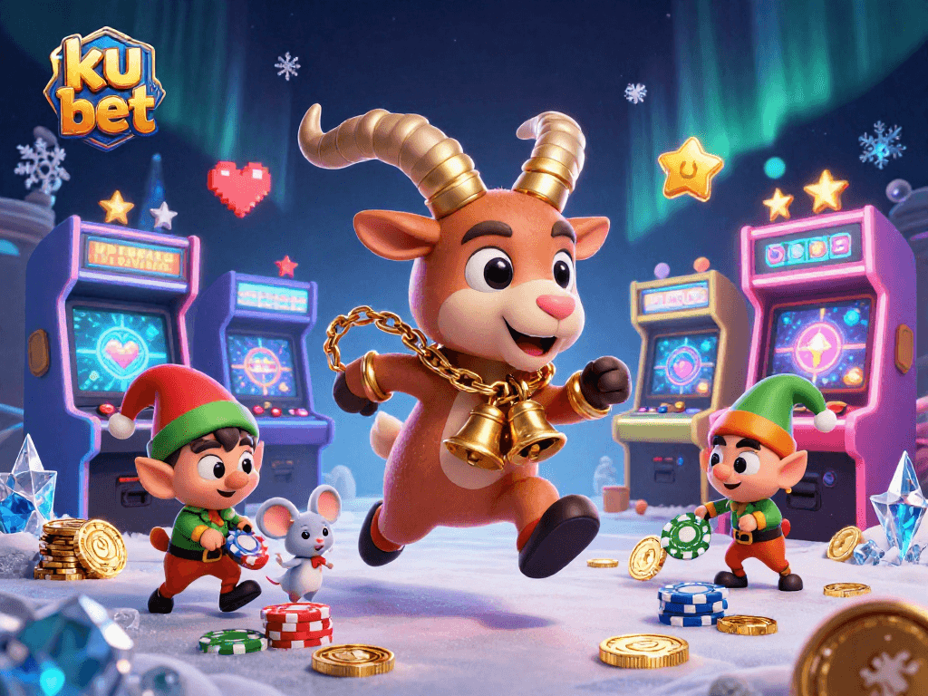 Engage with ku bet's vibrant casino scene featuring Krampus and playful characters amidst gaming mayhem.