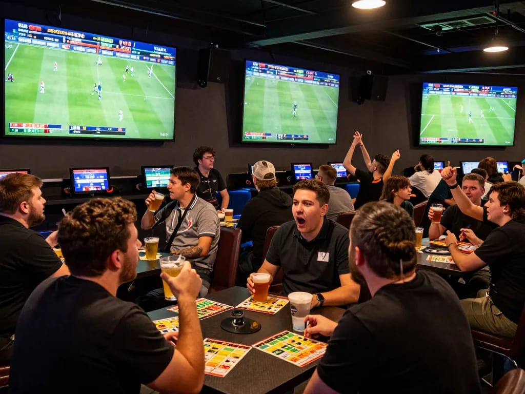 SOCOLIVE fans cheering and placing bets on live soccer matches, vibrant sports betting atmosphere.