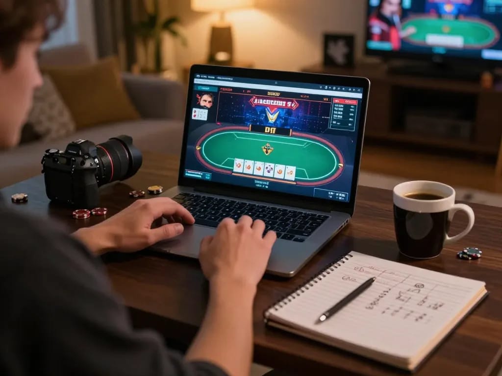 Engaging home setup showcasing debet online poker gaming with strategy notes and warm ambiance