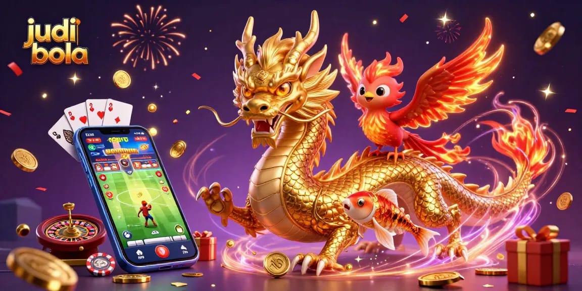 Experience thrilling judi bola action with an epic dragon, phoenix, and koi fish amid exciting betting elements.