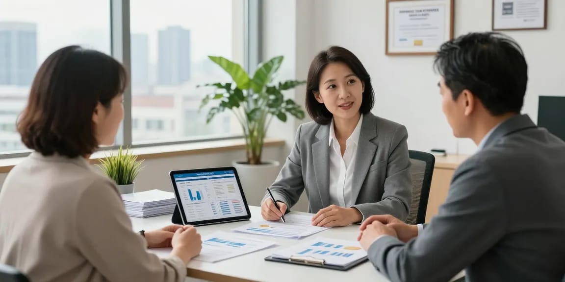 Financial advisor discussing social security m strategies with clients in a welcoming office environment.