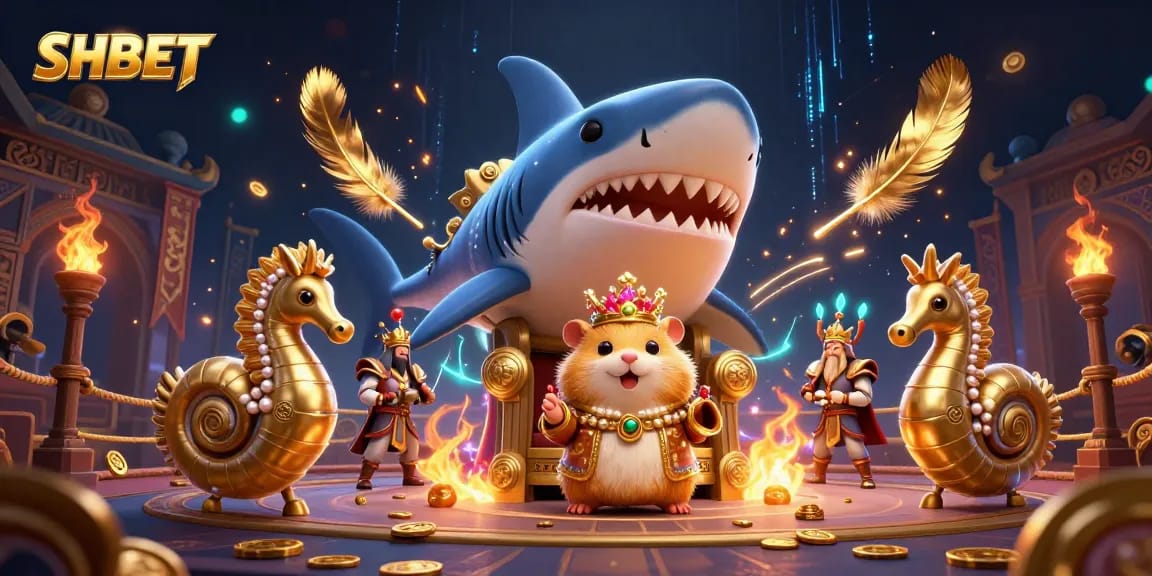 Experience excitement with SHBET: a golden hamster king atop a megalodon throne in a dynamic casino scene.