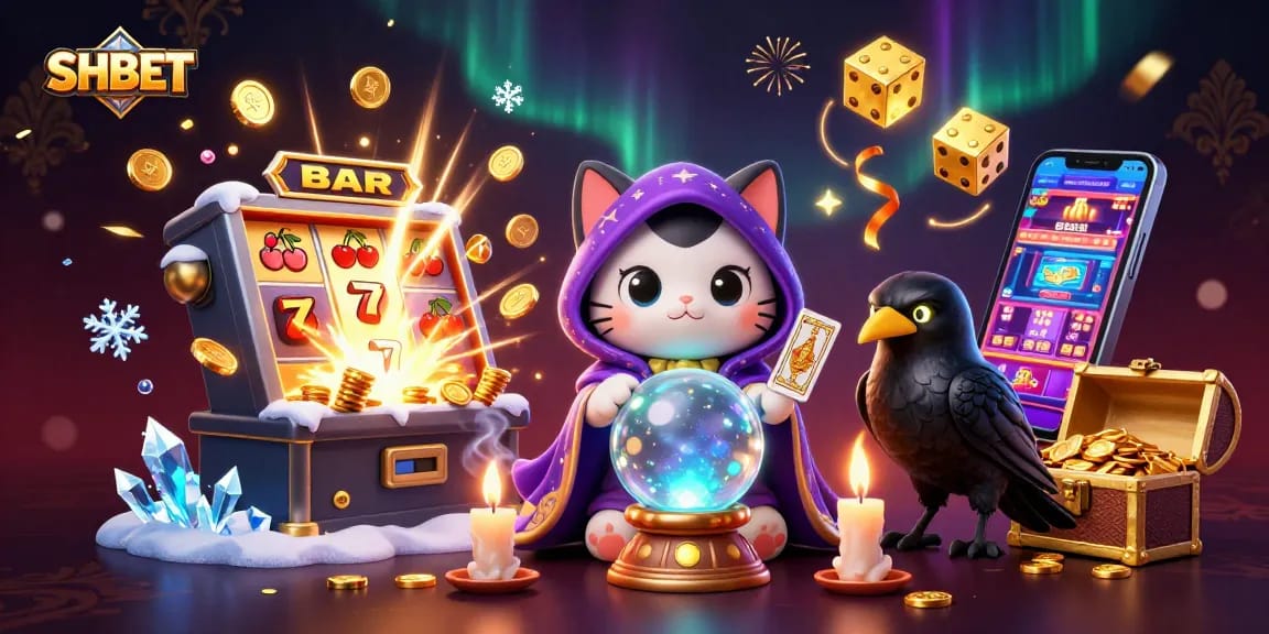 Engage with SHBET's captivating gaming experience featuring a mystical cat and dynamic casino elements.