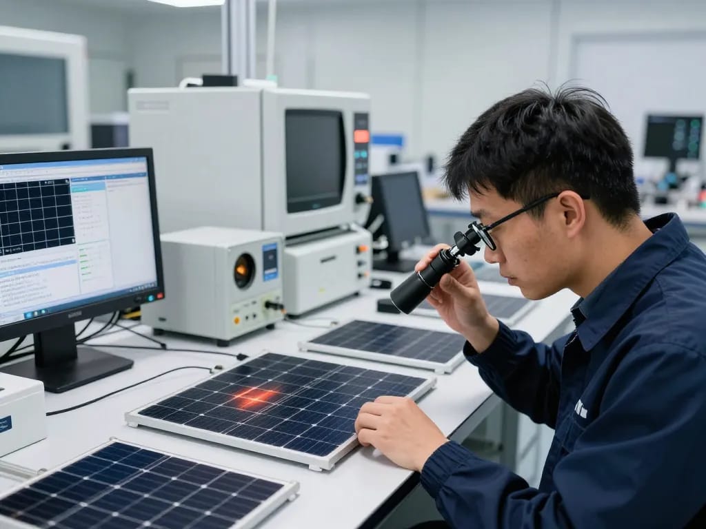 Technician analyzing LID and LeTID degradation of PV modules in an innovative solar energy lab.