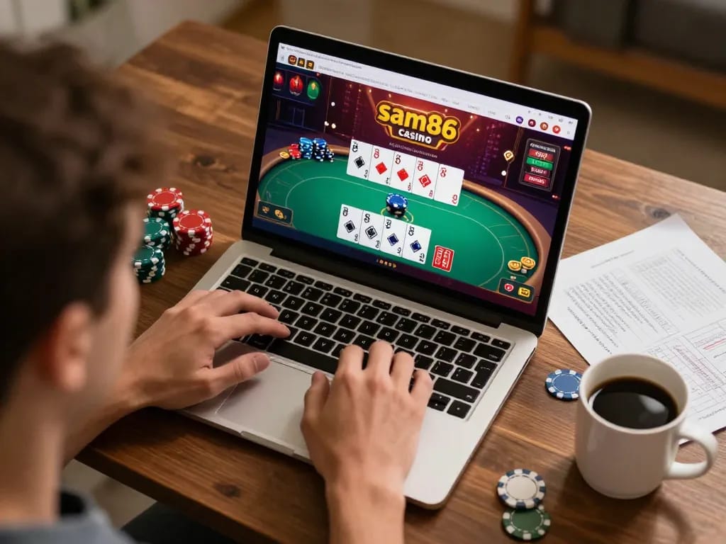 Player using the sam86 app for an exciting online poker gaming session
