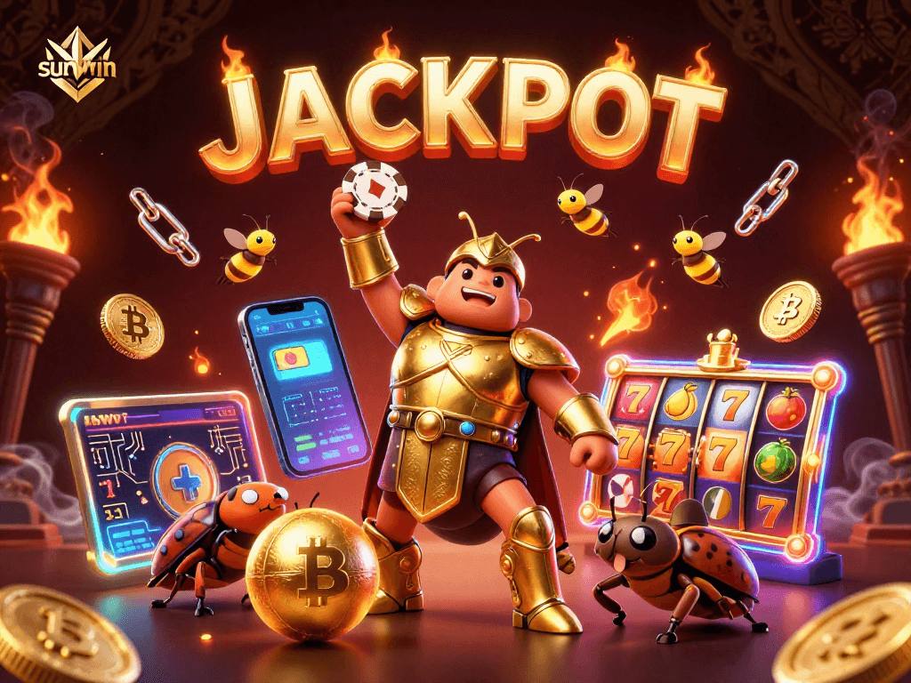 Experience sunwin's thrilling jackpot with an engaging 3D casino scene featuring vibrant characters and crypto elements.