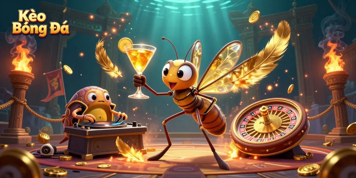 Kèo Bóng Đá showcases a lively scene with a frozen mosquito mascot, trilobite DJ, and golden roulette wheel.