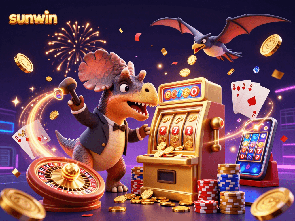 Experience jackpot thrills at sunwin as a pachycephalosaurus activates a golden slot machine while coins fly.