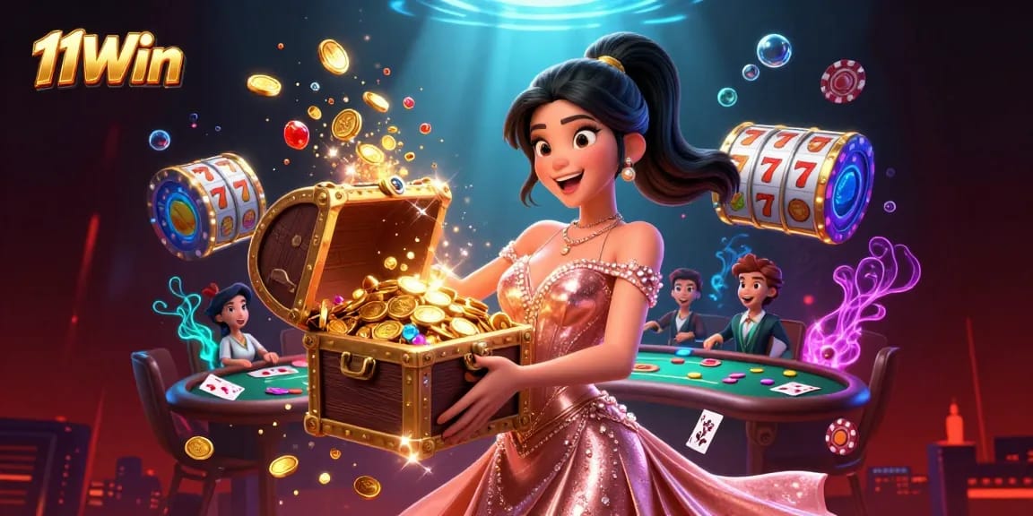 Engage in thrilling gameplay at 11Win with overflowing treasure and vibrant slot machine elements.