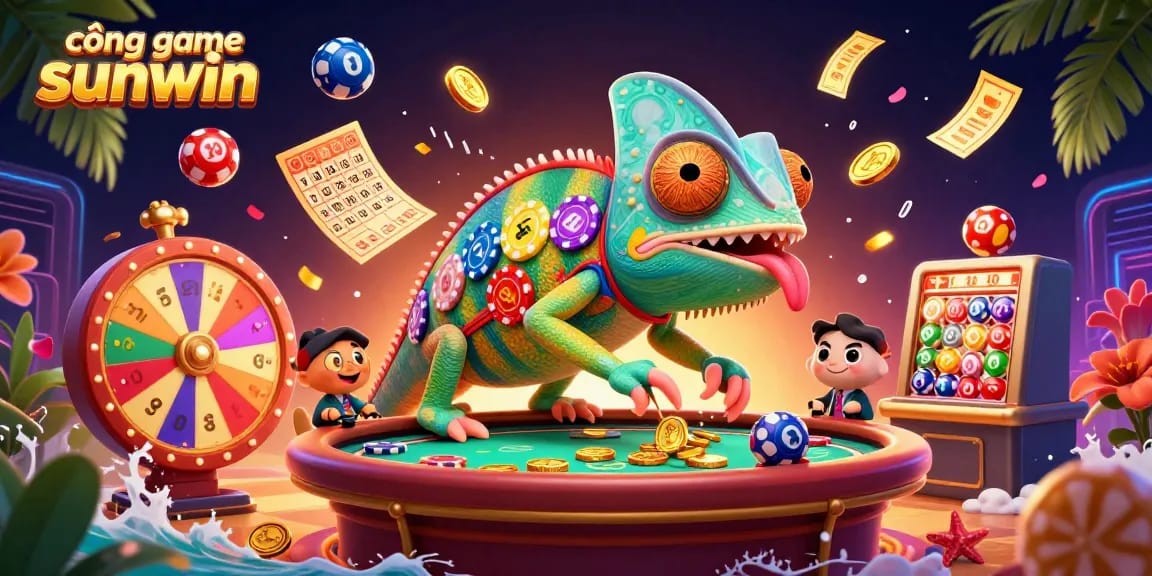 Experience the vibrant world of cổng game sunwin with colorful lottery elements and a unique chameleon casino owner.