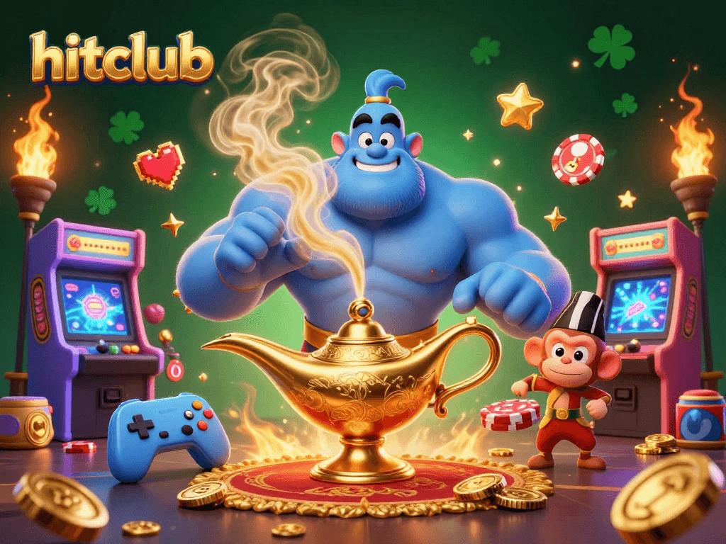 Engage in thrilling gameplay at hitclub with a vibrant, animated casino scene featuring a genie and poker chips.