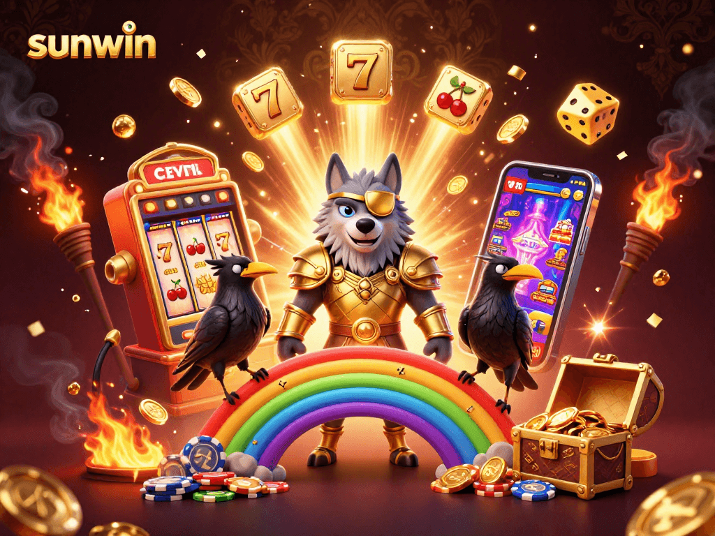 Immerse in sunwin’s exciting world with a vibrant 3D scene of casino symbols and Norse mythos.