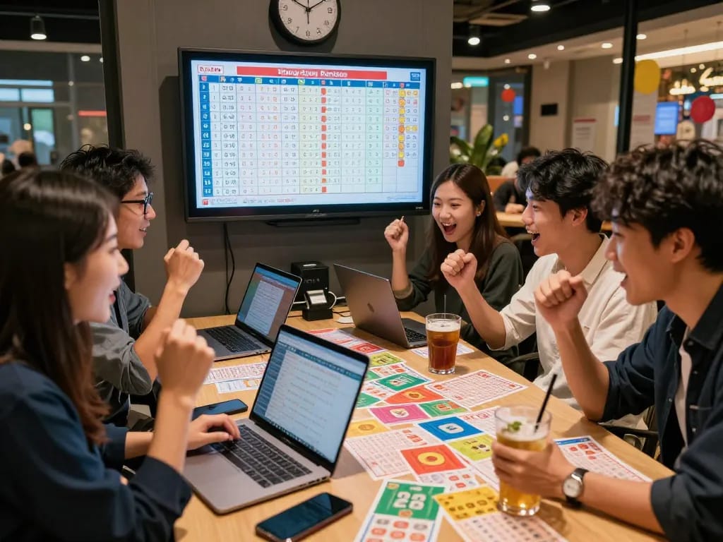 Teman-teman yang bersemangat merayakan hasil HK Lotto di lounge perkotaan, melacak angka kemenangan dengan tiket berwarna-warni.