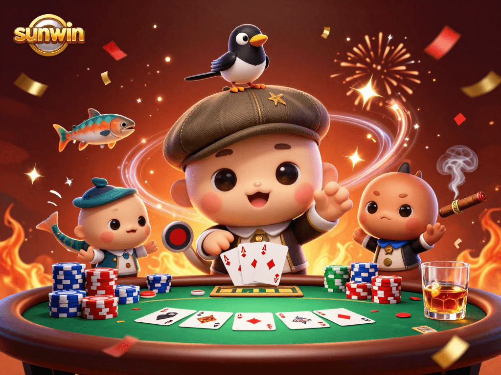 Experience thrilling gameplay at sunwin with Nessie and friends at a vibrant poker table.