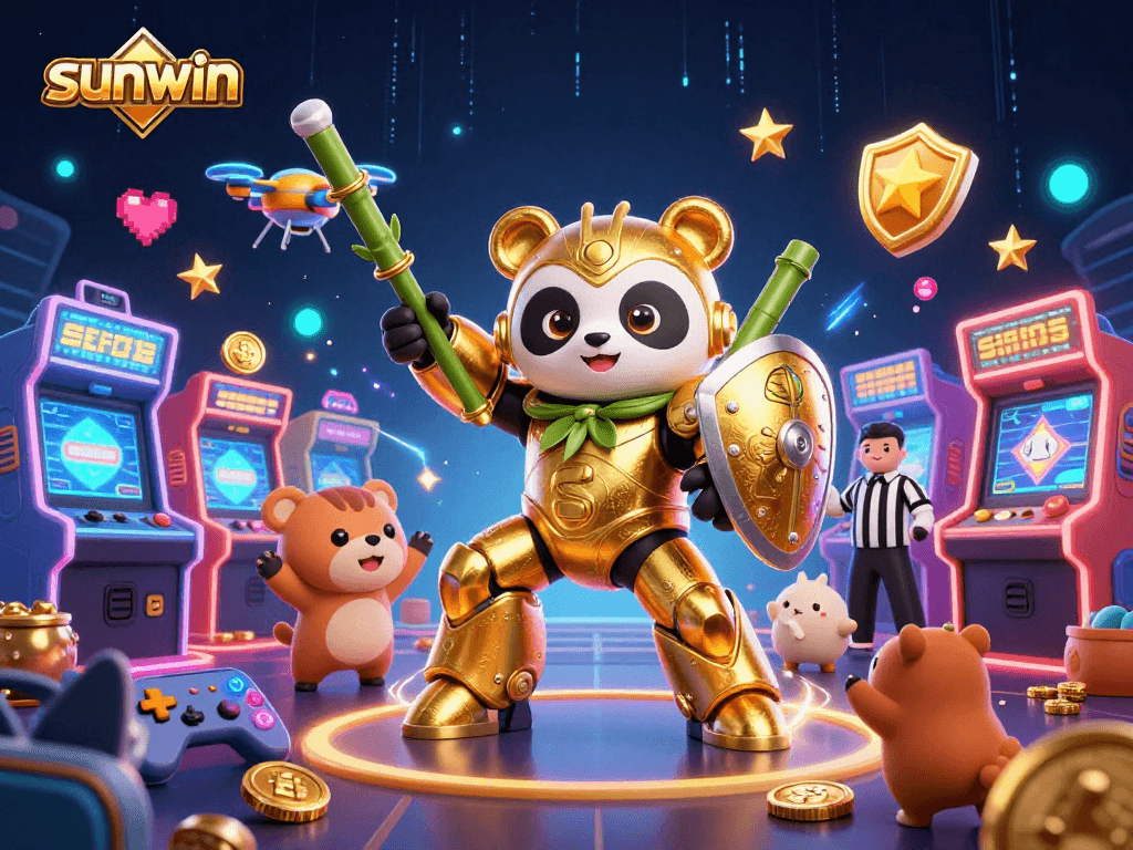 Experience the thrill of sunwin casinos with a mech-suit golden panda in a vibrant gaming arena.