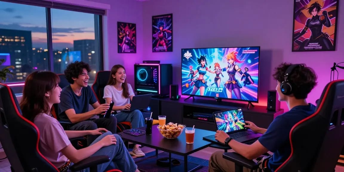 Friends enjoying hentaigames together in a lively gaming room.