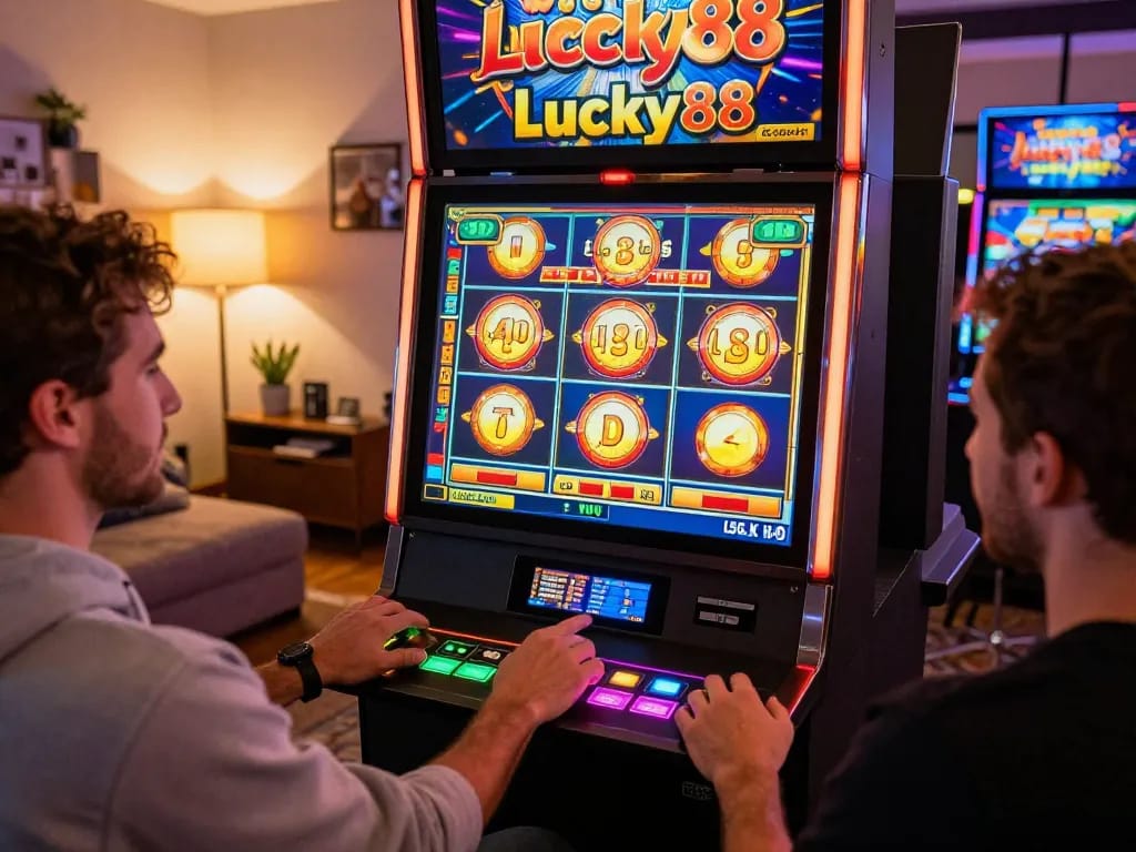 Players excitedly hitting spin buttons on the Lucky88 slot machine during online gaming session.