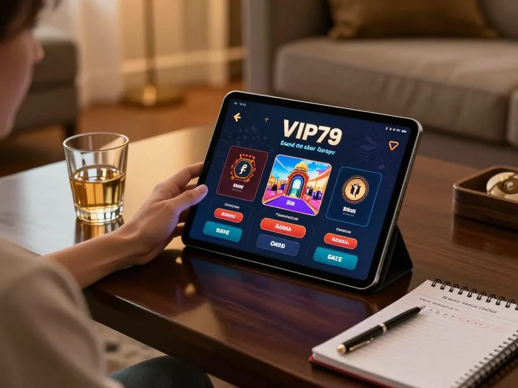 Playing games on VIP79 app from a stylish home setup, showcasing casual and strategic gaming