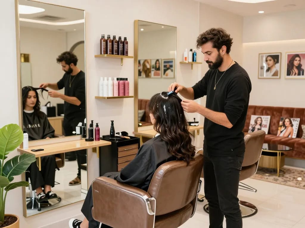 Stylist applying color in the best hair salon Dubai, showcasing a luxurious salon environment with elegant decor.
