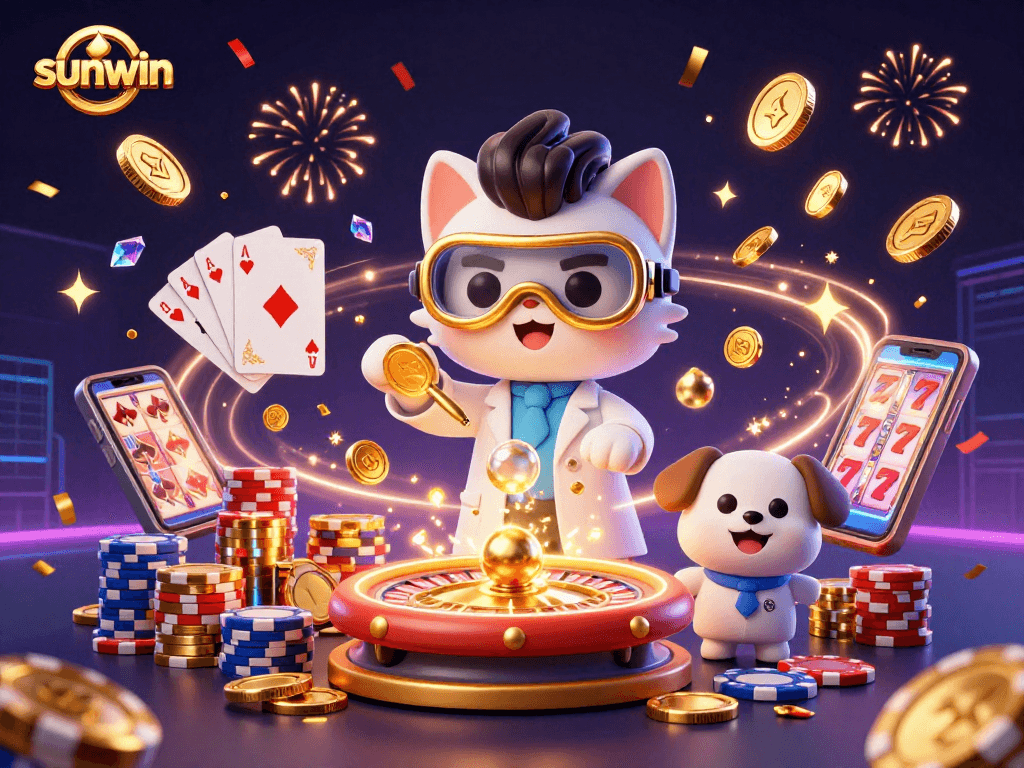 Engage with the vibrant sunwin casino experience featuring a mad scientist cat and loyal dog in a thrilling gold coin lab.