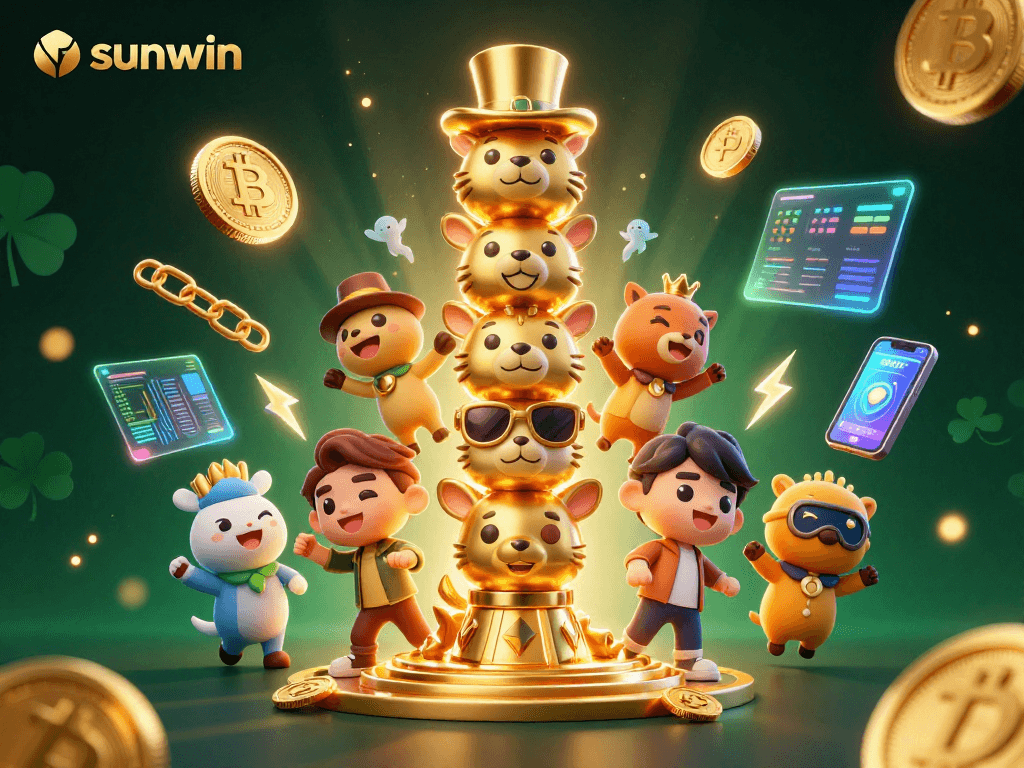 Experience slots excitement with sunwin in a vibrant crypto-themed casino scene