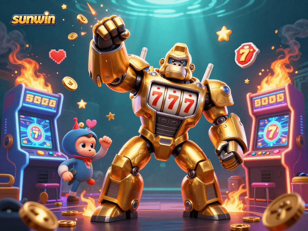 Experience big wins at sunwin with an action-packed scene of a golden gorilla mech and arcade games.