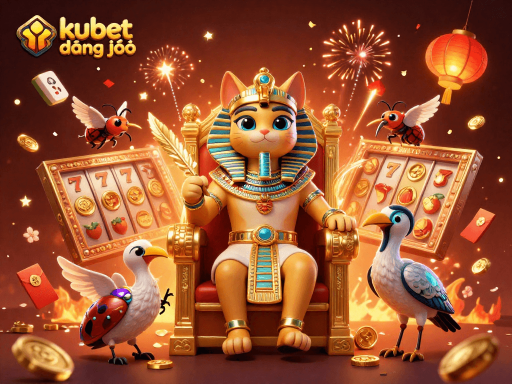Experience kubet đăng nhập with an exciting scene featuring a pharaoh cat and slot game elements in a vibrant casino atmosphere.