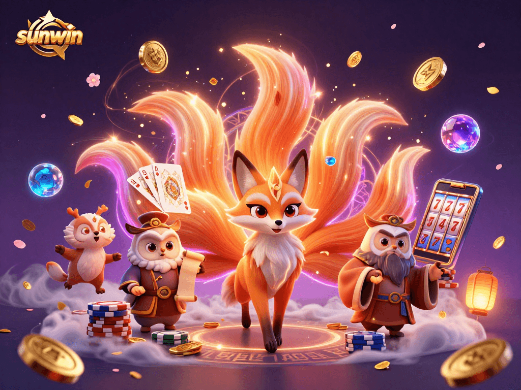 Engage with sunwin's vibrant casino adventure featuring a dazzling nine-tailed fox and spirit orbs.