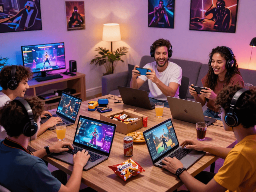 Enjoying online sex games with friends across devices in a cozy living room.