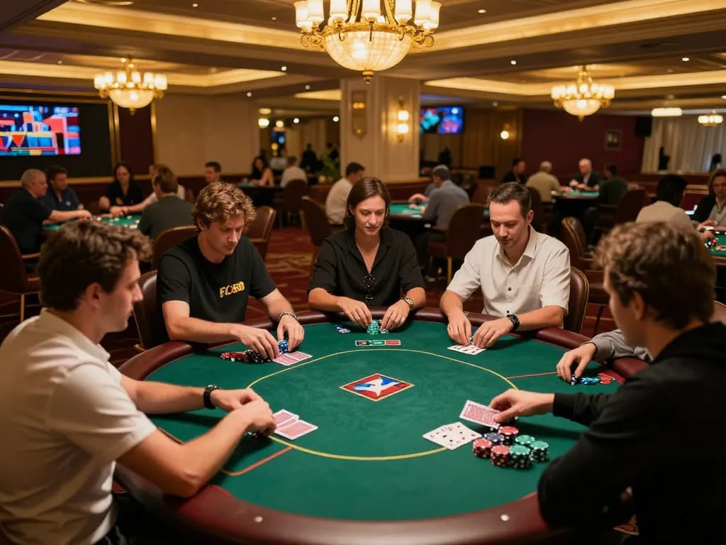 Players engage passionately in a poker game at FC88, showcasing strategic betting and casino elegance.