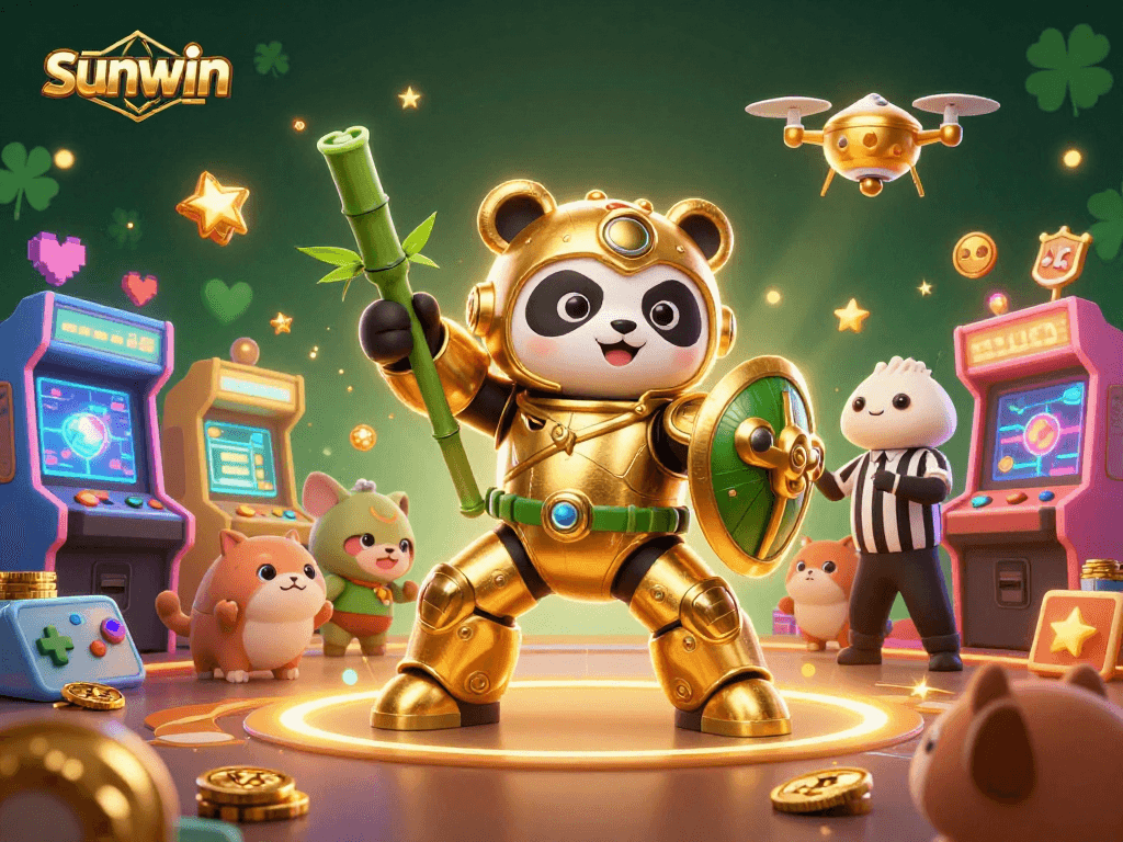 Engage with sunwin's exciting casino game scene featuring colorful arcade machines and a lively panda pilot.