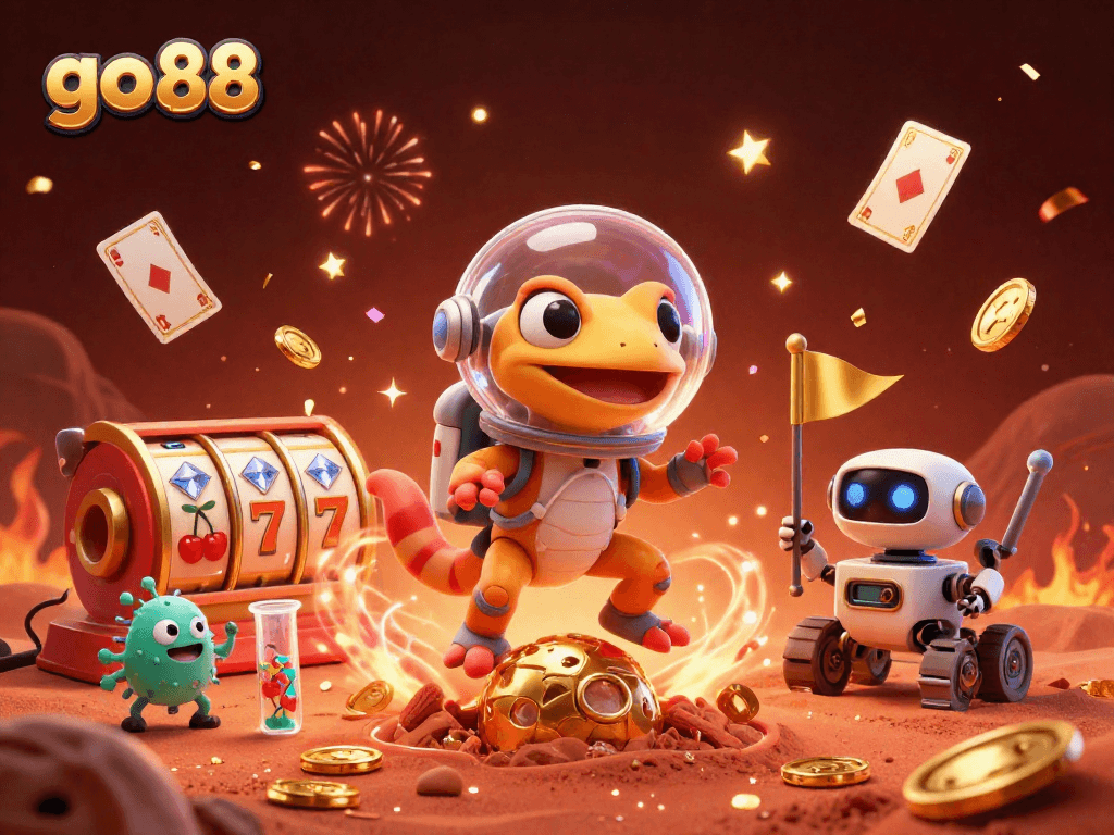 Experience the thrill of 'go 88' with a Martian gecko discovering a golden casino on Mars.