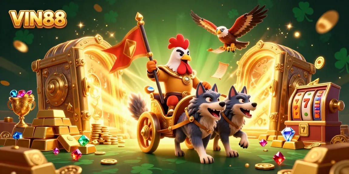 Experience the thrill of VIN88 casino with a dynamic scene featuring slots, treasures, and a cartoon warrior.