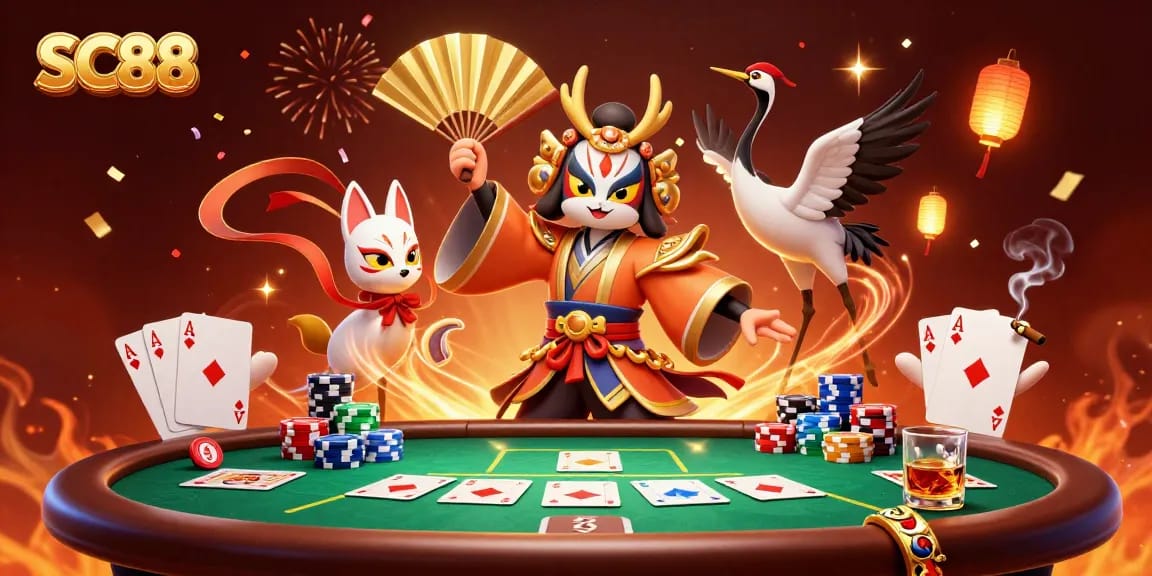 Engage with SC88's vibrant casino action featuring a kabuki warrior and poker elements.