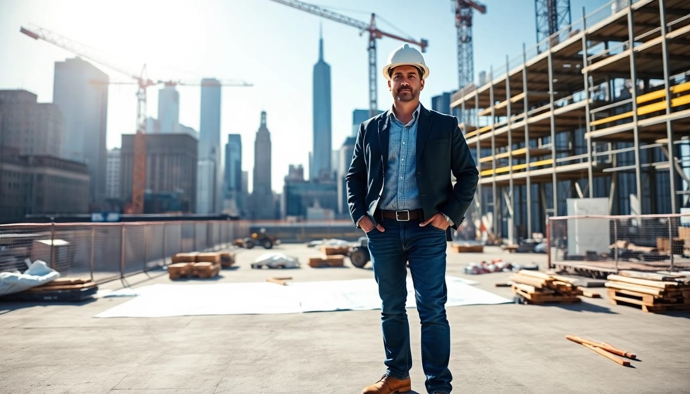 New York City Commercial General Contractor managing a bustling construction site with blueprints and skyline.