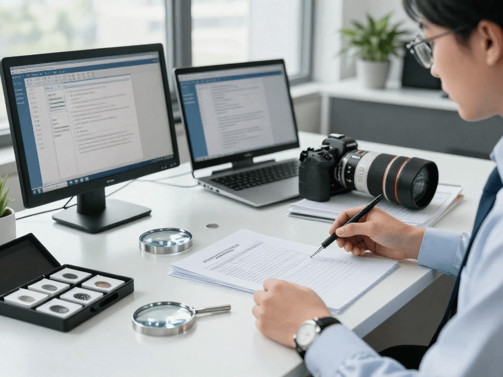 Document fraud detection tools in use by a professional investigator analyzing forged documents.